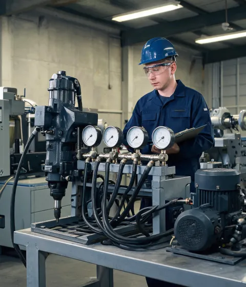 Hydraulic systems specialist at test bench