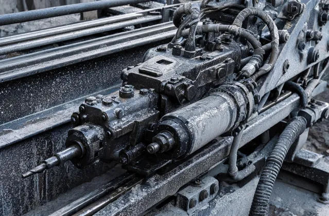 Hydraulic rock drill on boom with visible feed rails