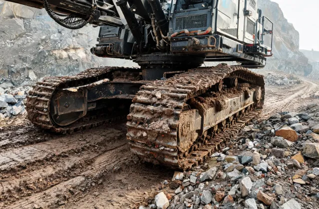Drill rig undercarriage on rough quarry haul road