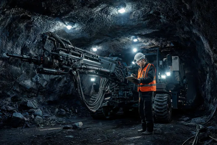 Field technician inspecting underground drill jumbo
