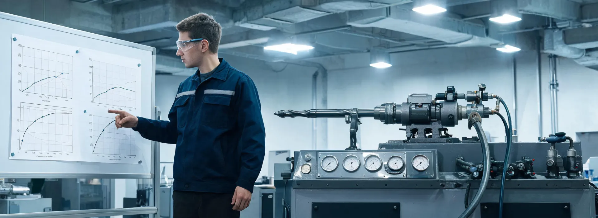 Engineer comparing rock drill torque charts on test bench